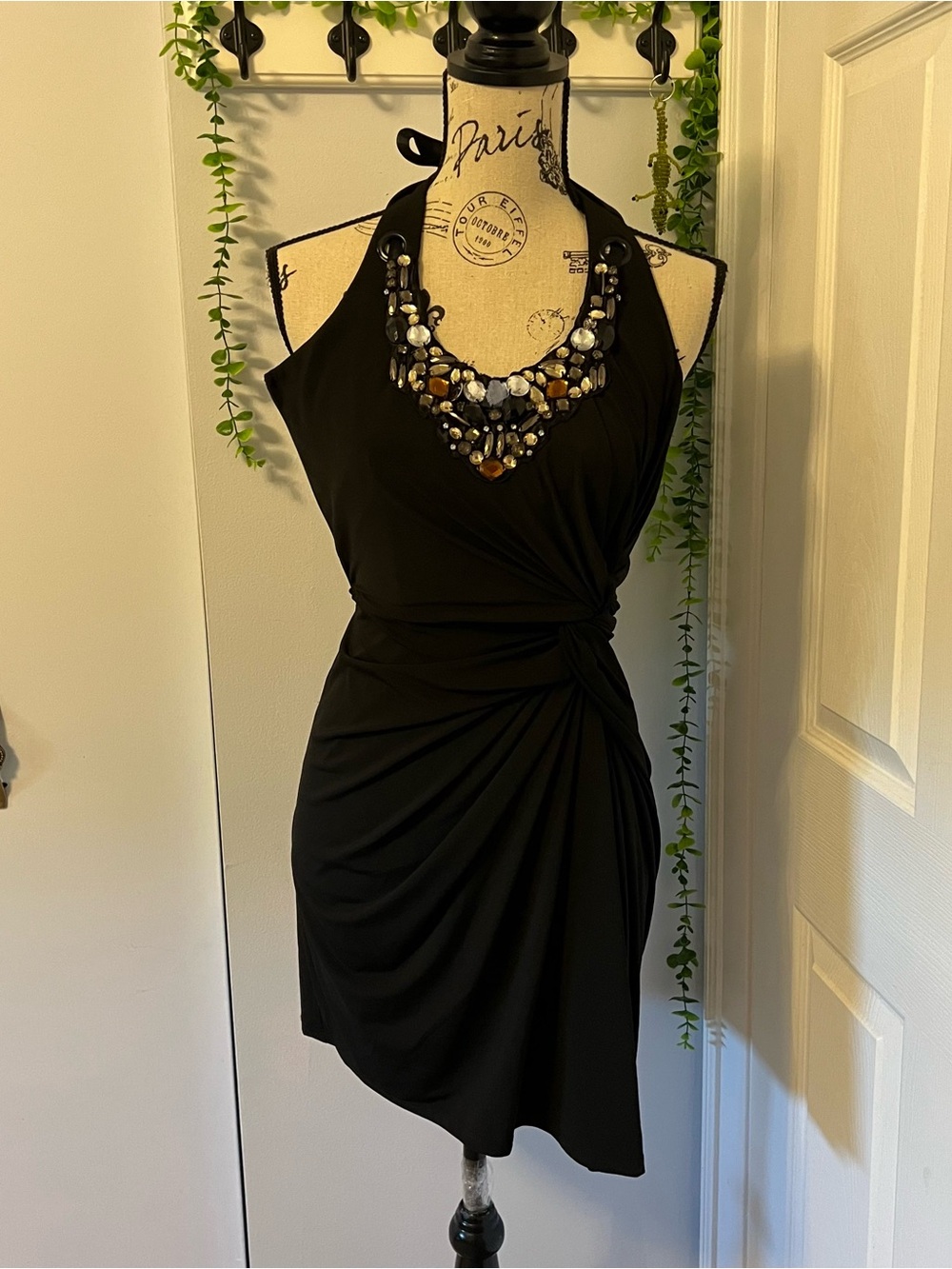 Black Halter Knot-Front Women’s Dress with Embellished Neckline